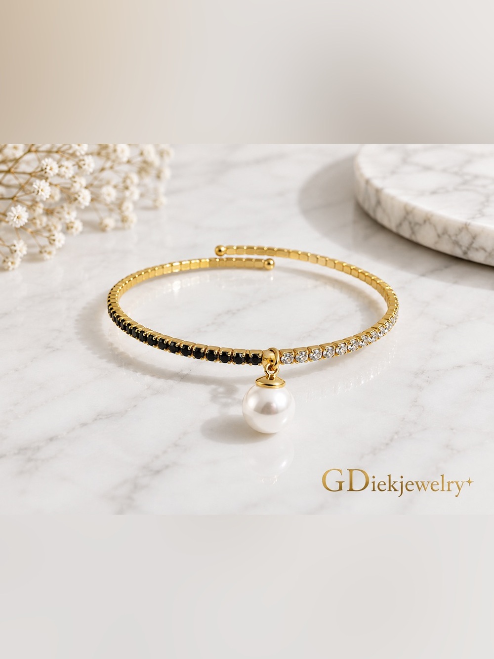 Goldfilled Pearl Charm Bangle Bracelet with Black and Clear Stones